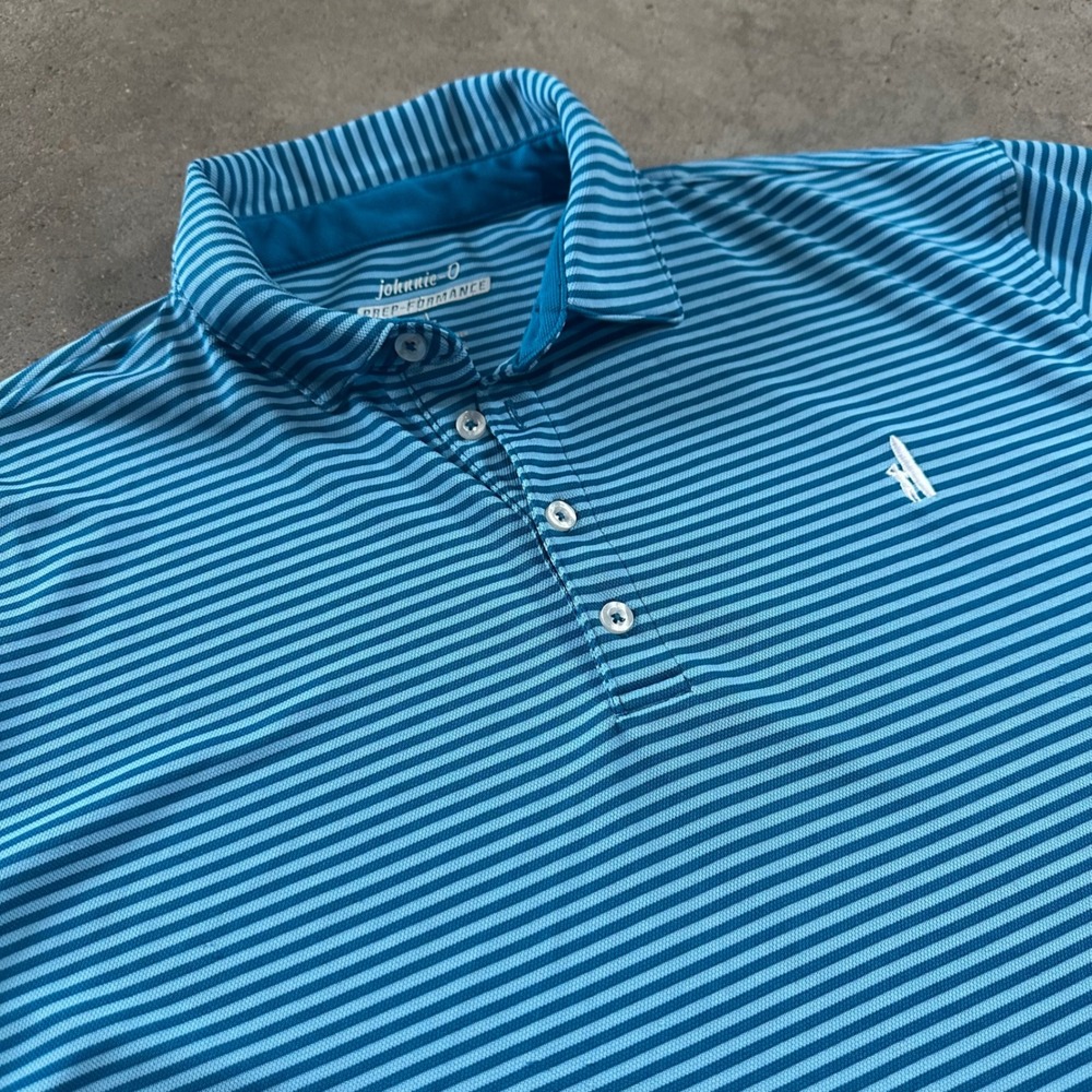 Johnnie-O Polo Shirt Men L Blue Striped Prep-Formance Short Sleeve JMPO1360